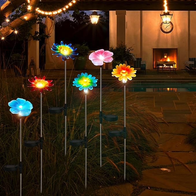EiGreen 6 Pack Solar Garden Lights Outdoor Decor,Stake Yard Figurine Colorful Flower Light, Housewarming Ornament for Patio, Lawn, Yard, Pathway (Art Deco)