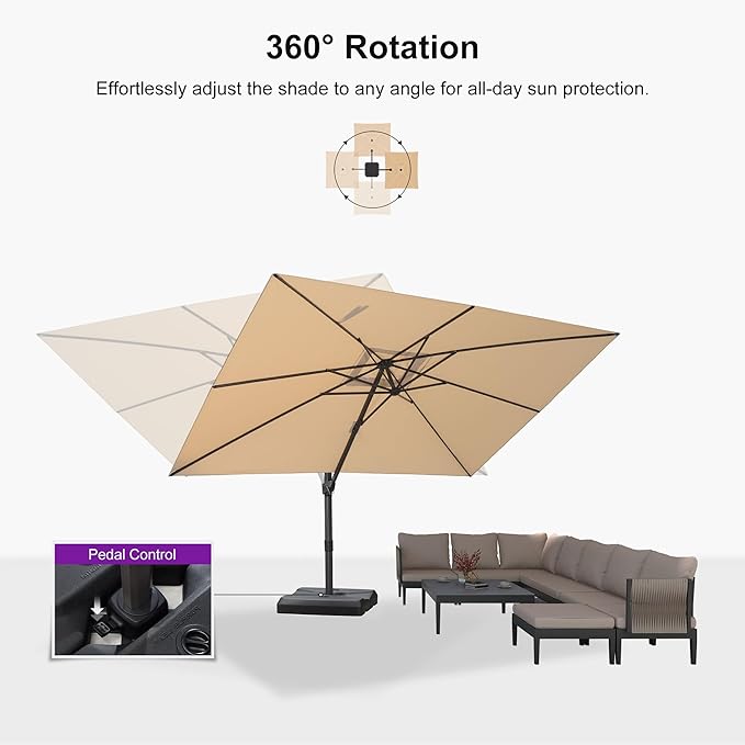 PURPLE LEAF 9' × 11.5' Patio Cantilever Umbrella with Base Outdoor Rectangle Adjustable Offset Umbrellas with 360-degree Rotation and 8 Heavy Duty Metal Ribs for Garden Deck Pool Beige