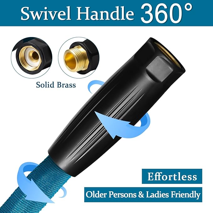 Garden Hose 50ft, Made of TPE(Not PVC), Ultra-Light & Flexible Water Hose with Solid Brass Fittings, Non-Shrinking, Easy to Storage, Drinking Water Safe Material, All-weather, SeaBlue