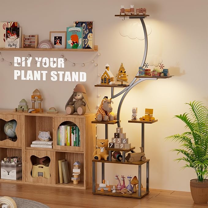 Simple Trending Plant Stand Indoor with Grow Lights, Heavy Duty 8 Tier Tall Plant Shelf for Plants Multiple, Metal Wood Plant Shelves Plant Display Holder for Garden, Black