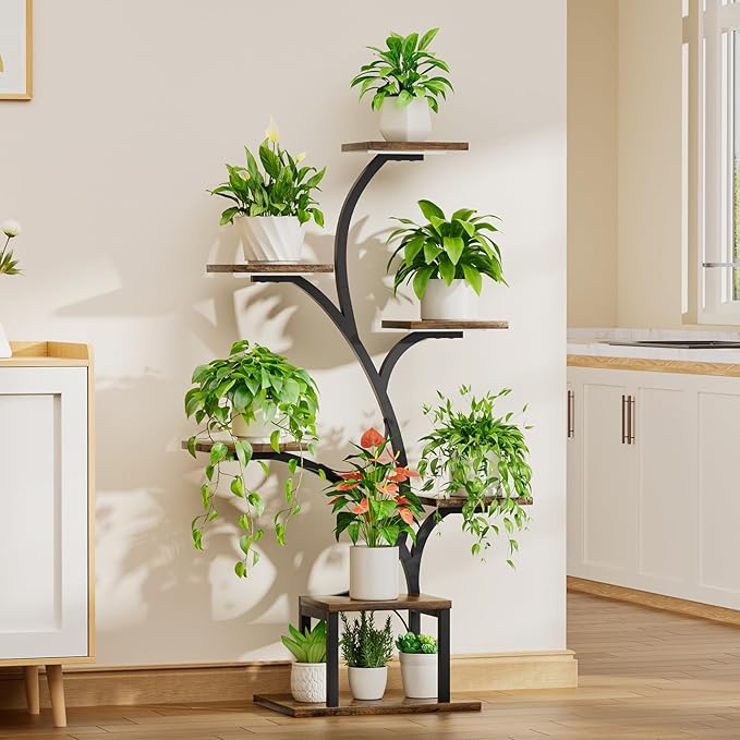 Plant Stand Indoor with Grow Lights, 7 Tiered Indoor Plant Shelf, 49" Corner Plant Stands for Indoor Plants, Metal Plant Flower Display Shelves, Tree-Shaped Plant Rack for Home, Patio, Black