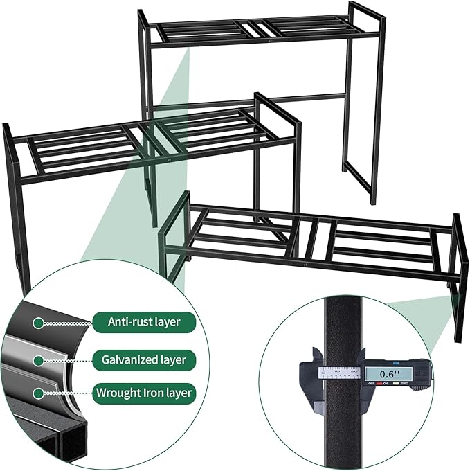 Plant Stand Indoor Outdoor, 3-Tier Wrought Iron Plant Stands, Stackable Metal Plant Shelf Decorative Outdoor Flower Stand Heavy Duty Pedestal Stands for Garden Deck Living Room, Black