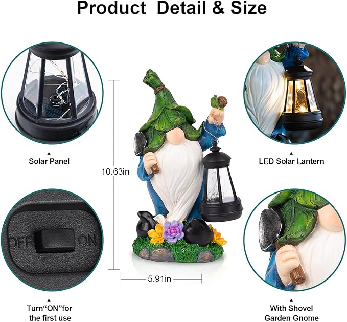 Garden Gnome Solar Figurine Lights - Solar Powered Lighting Outdoor Decorations with Lantern & Shovel, Yard Art Lawn Ornaments for Porch Patio Balcony - Gnome Gifts for Women Mom