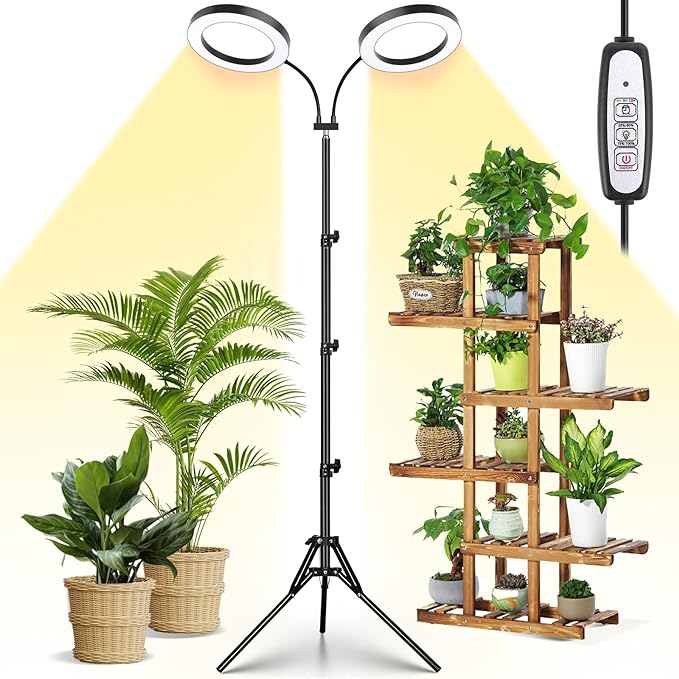 LORDEM Grow Light for Indoor Plants, Dual-Head Plant Light for Plants Growing, Full Spectrum Growth Lamp with Auto Timer for 4/8/12H, 4 Dimmable Levels, 144 LEDs, Height Adjustable Stand 24.4"- 67"