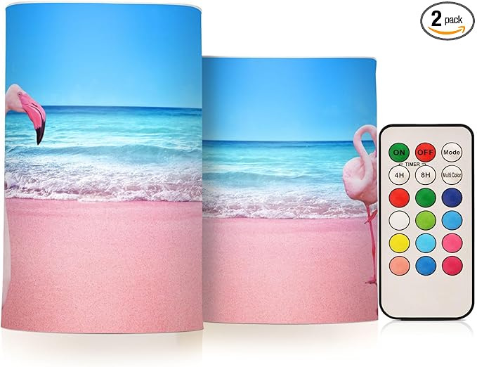 Flickering Flameless Candles, Pink Flamingo on Beach LED Candles with Remote Timer, Set of 2 Battery Operated Candle for Valentine Wedding Birthday