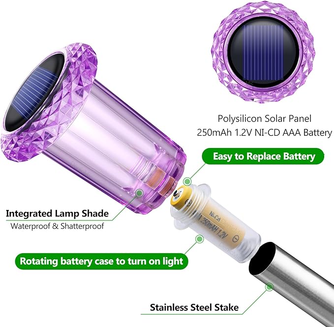 DenicMic Solar Lights Outdoor Pathway Lights LED Waterproof Acrylic Lamp Head Stainless Steel Stake for Yard Garden Landscape Path Walkway Driveway Patio Lawn (Purple 15Pack)