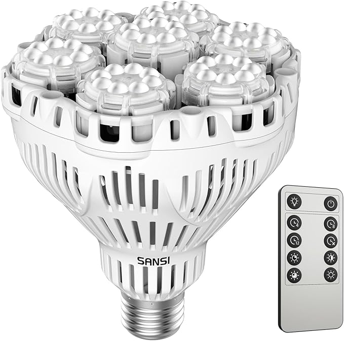 SANSI Dimmable Grow Light Bulb Full Spectrum, High PPFD 40W (600 Watt Equiv) with Remote, Auto On Off Timing 4 8 12 Hrs, Energy Saving Plant Light Bulb with E26 Base for Indoor Plants