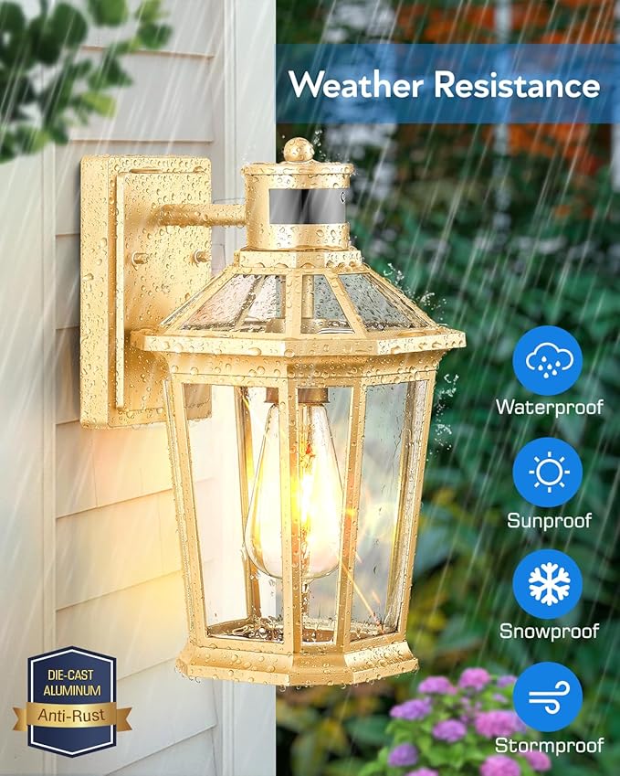 VIANIS Gold Outdoor Wall Lights with Motion Sensor, Dusk to Dawn Outside Porch Lights Lantern, Waterproof Weather Resistant Exterior Lights for House, Doorway, Garden, Home with Clear Glass Shade