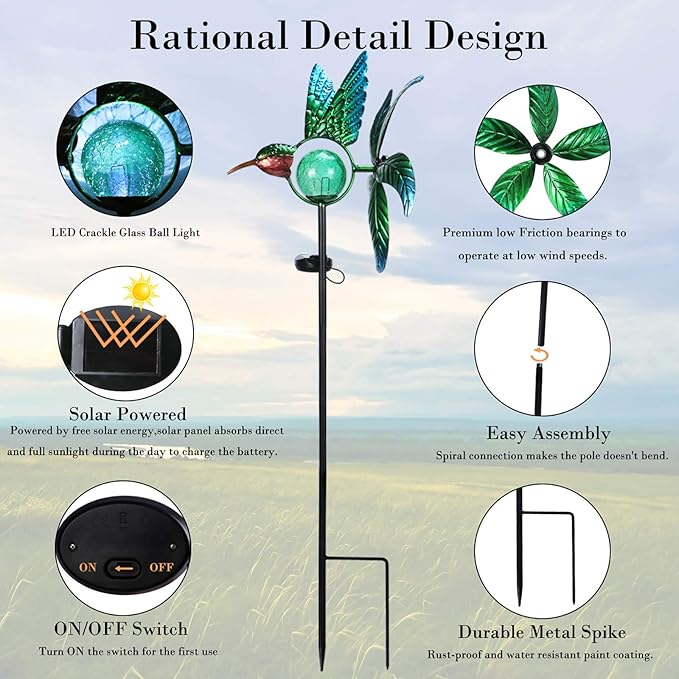Solar Lights Outdoor Garden Hummingbird Solar Garden Stakes Light Decorative Wind Spinner Pathway Light for Yard Decor Green