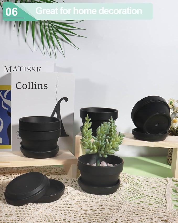 vensovo 5.7 Inch Black Terracotta Shallow Succulent Pots - 6 Pack Terra Cotta Clay Pot with Saucer, Cacuts Indoor and Outdoor Planters with Drainage Hole
