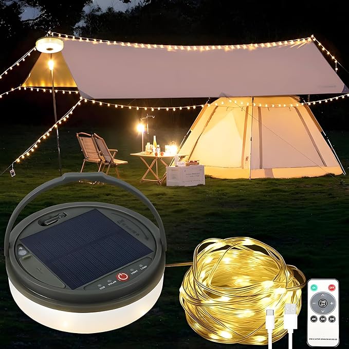 Solar Camping String Lights, 39.4FT Portable Waterproof Camping Light with 8 Lighting Modes, Solar Powered and USB Rechargeable Tent Lantern with Remote Control for Camping, Yard, Garden and Hiking