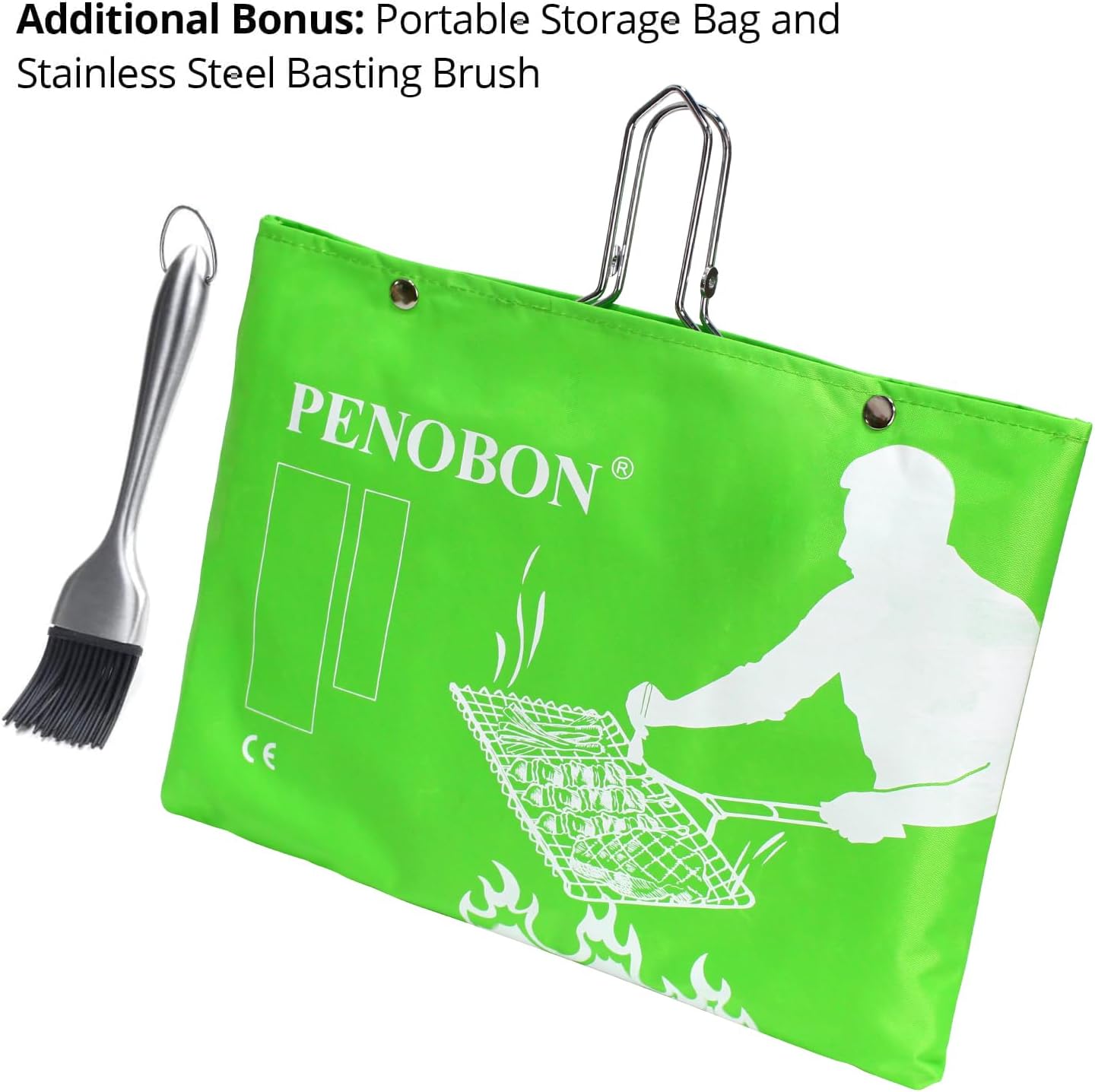 Fish Grilling Basket, Folding Portable Stainless Steel BBQ Grill Basket for Fish Vegetables Shrimp with Removable Handle, Come with Basting Brush and Storage Bag