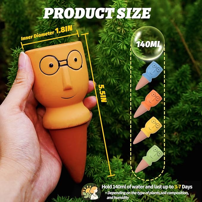 Terracotta Self Watering Spikes, 4 Pack Self Watering Planter Insert, Vacation Plant Slow Release Watering Devices for Indoor Outdoor Plants, Big Head