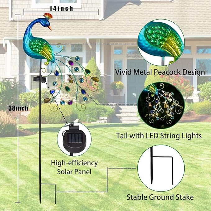 VEWOGARDEN Metal Peacock Solar Garden Lights Stakes - Waterproof Landscape Path Lights for Outdoor Patio Lawn Yard Decorations (38"*14"*2.5")Outdoor