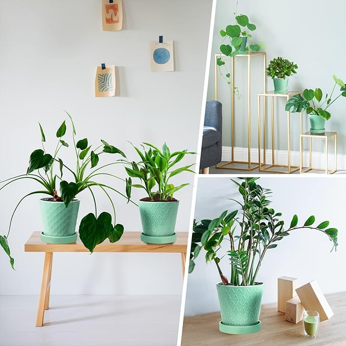 EFISPSS Ceramic Plant Pots –4”+5”+6” inch Set of 3, Planters with with Drainage Holes and Ceramic Tray, Indoor Flower Pot Gardening Home Desktop Office Windowsill Decoration Gift(Mint Green)