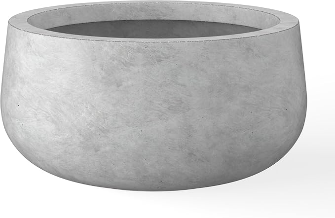 Kante 11.8" Dia Round Concrete Planter, Cement Plant Pots with Drainage Hole and Rubber Plug for Outdoor Indoor Garden Home, Modern Curvaceous Design, Natural Concrete