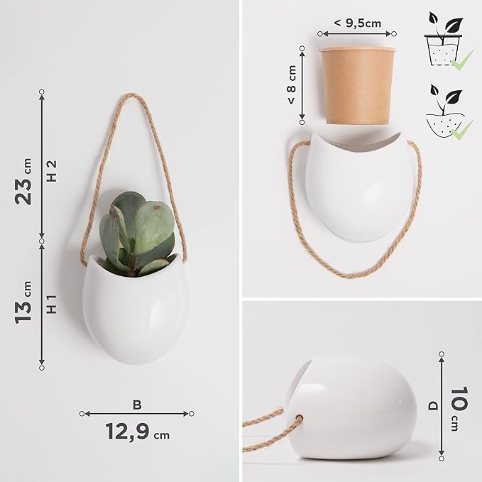Wall Planters -Ellie- | Hanging Ceramic Plant Pots 3 Pieces | Wall Decoration for Indoors, Balcony and Garden | White (Glossy)