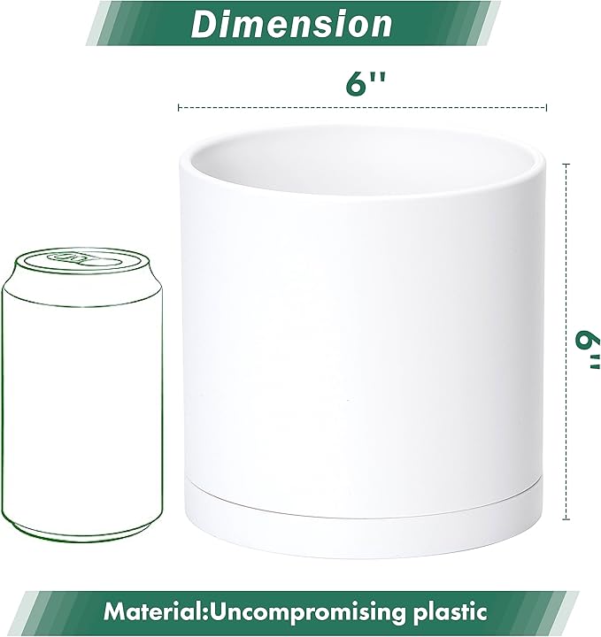 D'vine Dev 2 Pack 6 Inch Modern Plastic Plant Pots, Small Garden Planters for Plant with Drainage Holes and Saucers, White Color, 74-Z-J-1
