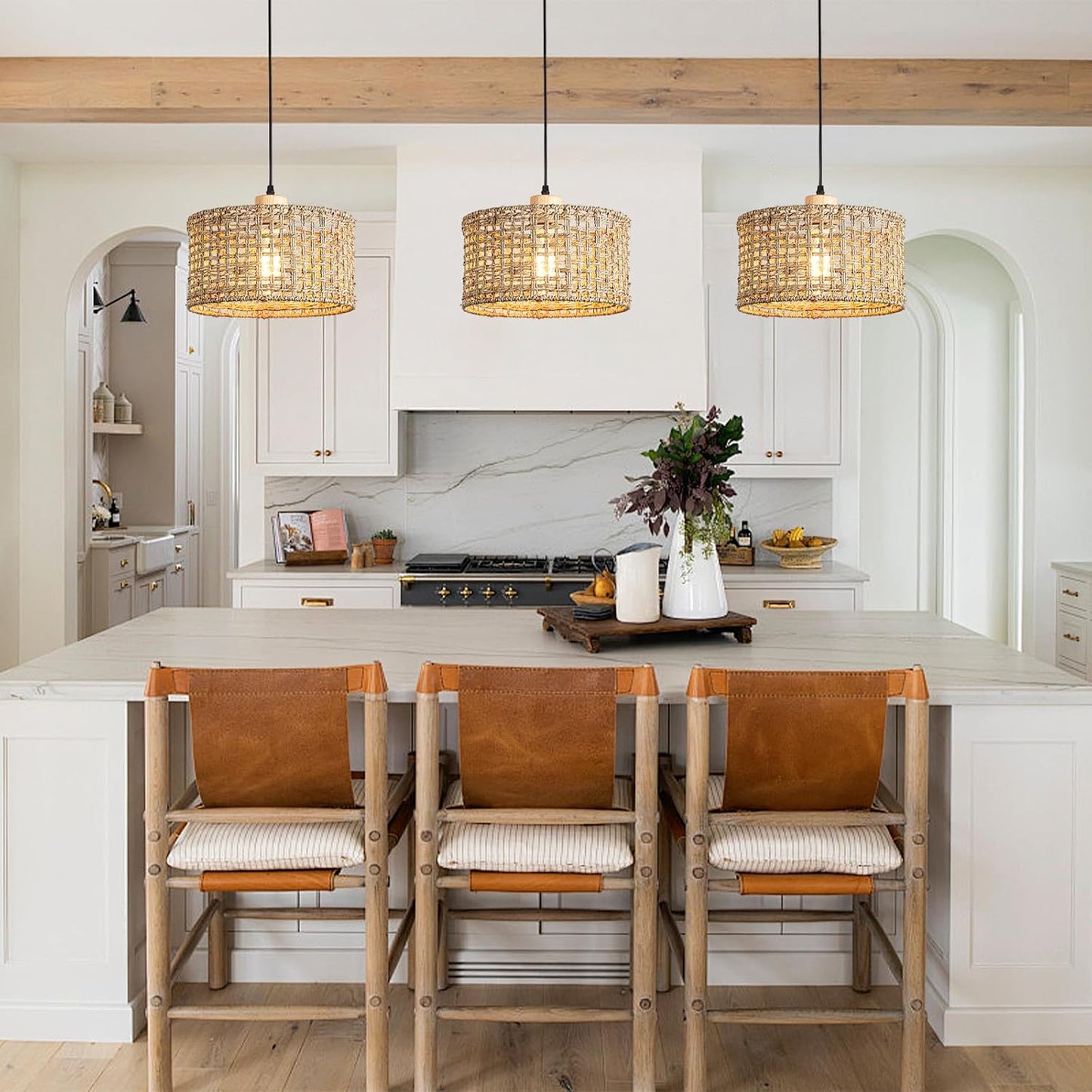 Hand-Woven Rattan Pendant Light, 11.8" Bohemian 1-Light Natural Wicker Hanging Lighting Fixture Ceiling Farmhouse Basket Hanging Lamp Chandelier for Kitchen Island, Living Dining Room