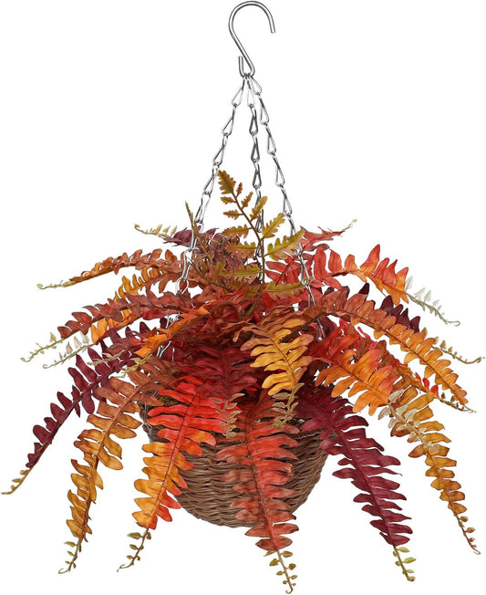 Hollyone Fall Hanging Baskets Small Artificial Fern Orange 21 Leaves Fall Hanging Decor Plant Boston Ferns Silk Plants with Brown Rattan Baskets Outdoors Indoor Fake Fern Autumn Decorations for Home