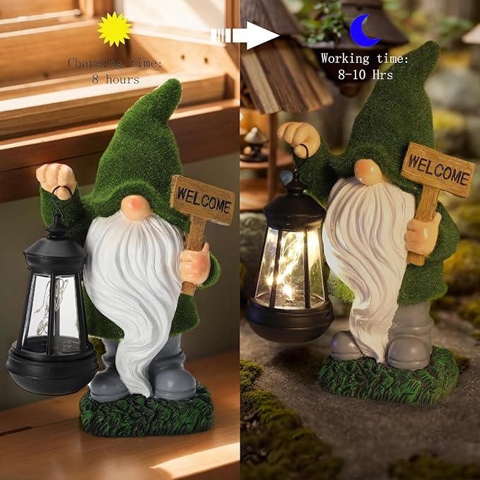 Garden Gnome Statue Solar Light Outdoor Decorations Figurine Welcome Sign with Lantern Sculpture Garden Decor Lawn Patio Yard Porch Outside Housewarming Gifts for Women Mom Grandma