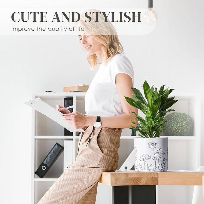 Mushroom Ceramic Plant Pot Set of 2, 5 Inch Modern Stylish White Round Flower Pots with Drainage Holes, Planter Decor for Indoor-Outdoor Plants Spider Plant, Pothos, Gift for Woman and Friends