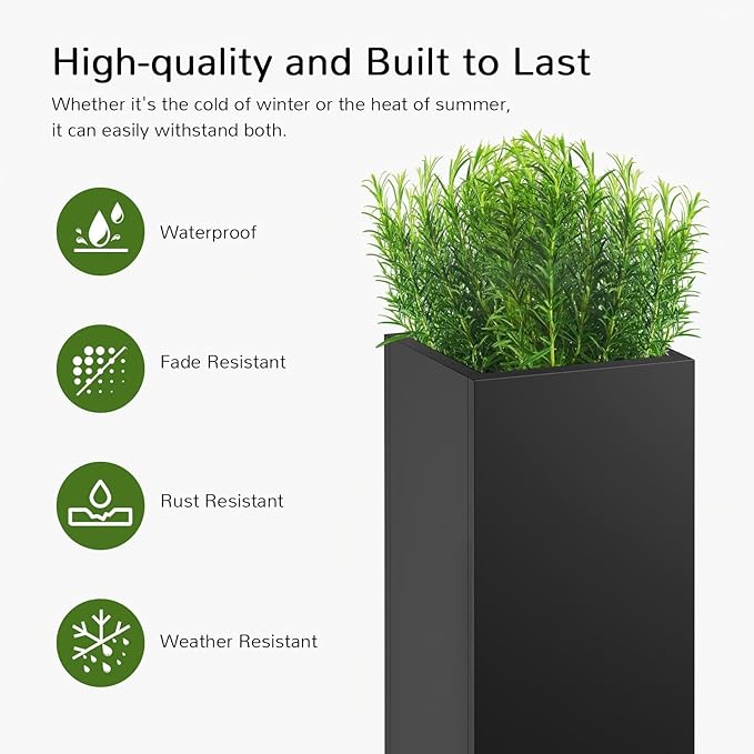 Stoog 30" Tall Planters for Outdoor Plants, All-Weather Metal Planter Boxes Set of 2, with Removable Insert Shelf, Modern Design, Indoor/Outdoor Use, Black