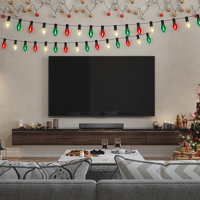 Abeja 25Ft C7 Christmas Multicolor String Lights with 27 Red Green & Frosted White Edison Bulbs, Hanging Vintage Christmas Light Outdoor Waterproof for Party Garden Wedding Bistro Roofline Decor