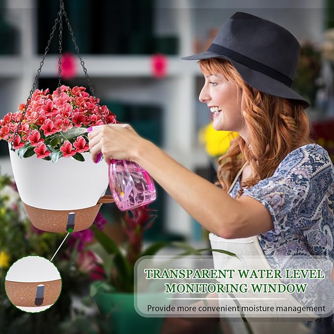 10 Inch Hanging Planters for Indoor Plants & Outdoor - 2 Pack Self-Watering Hanging Pots with Drainage Holes, Visual Reservoir, 2 Hangers - Self-Watering Hanging Baskets Flower Pots