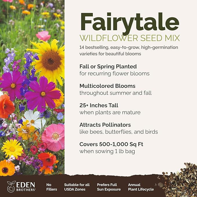 Eden Brothers Fairytale Flower Mixed Seeds for Planting, 1 lb, 480,000+ Seeds with Calendula, Cosmos Dazzler, Cornflower | Attracts Pollinators, Plant in Spring or Fall, Zones 3, 4, 5, 6, 7, 8, 9, 10