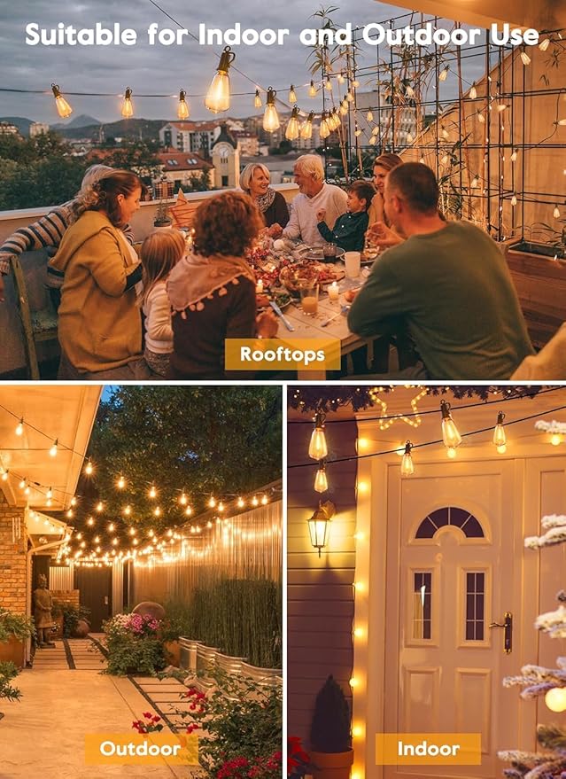 Brightown LED Outdoor String Lights 30FT for Patio with 16 Shatterproof ST38 Vintage Edison Bulbs, Waterproof Outside Hanging Lights for Backyard Deck Garden Party Xmas Decor, 2700K