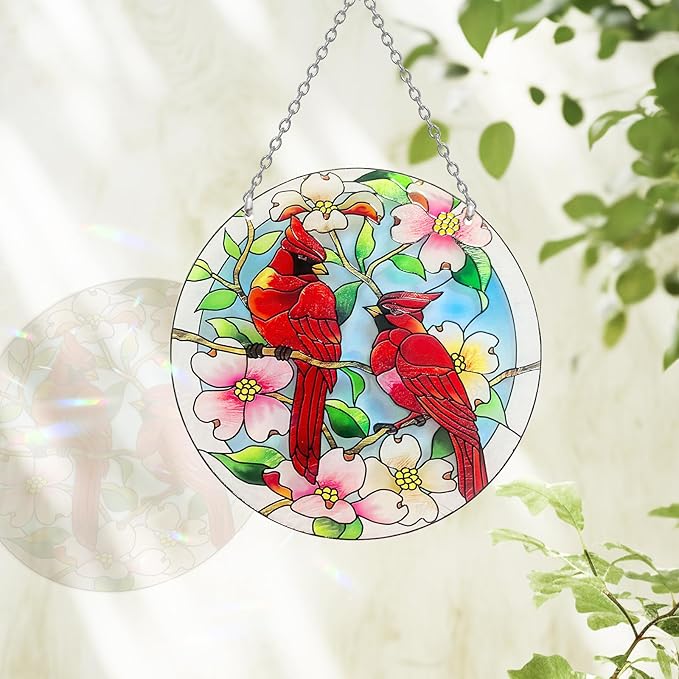 Cardinal Suncatcher Stained Glass, Cardinal Gifts for Women, Stained Glass Window Hanging - Red Birds Suncatchers for Windows, American Glass Hanging, Hand Painted Glass for Birds Lover (6inch)