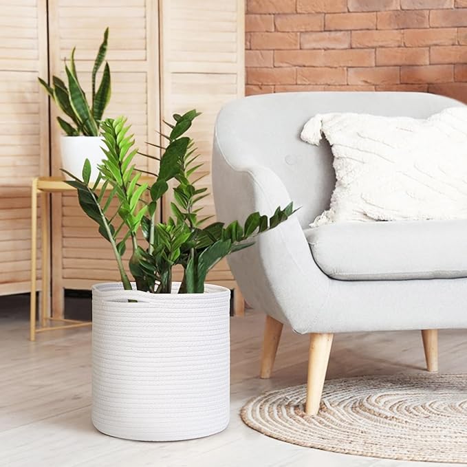 Cotton Rope Plant Basket, Woven Basket Planter for 10 inch Pot, Round Indoor Tree Pot Cover, Small Storage Bin Organizer, Basket for Plants and Home Decor, 11”X11”, White