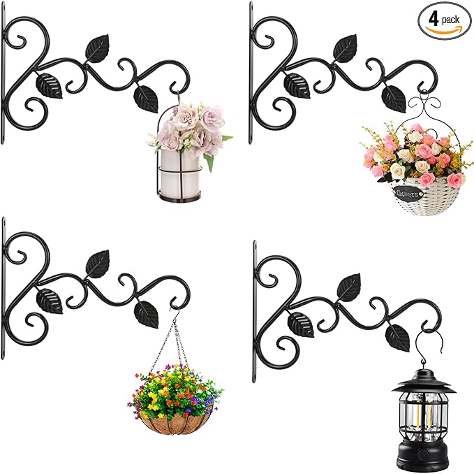 Fashion&cool 4 Pack Plant Hanging Bracket, Wall Mount Plant Hanger Outdoor Indoor, Decorative Hanging Plant Bracket Hooks for Planter Flower Bird Feeder Lanterns Wind Chimes with Screws