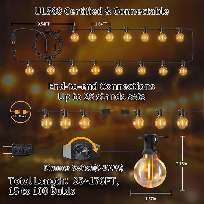 Outdoor String Lights with Dimmer, 2 Pack 98FT LED Patio Lights for Outside with 52 Shatterproof G40 Globe Bulbs UL Listed IP65 Waterproof Hanging Lighting for Backyard Balcony Bistro Party Decor