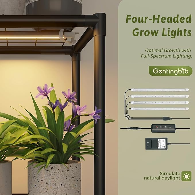 Gnetingbro Corner Plant Stand with Grow Lights Tall Plant Shelf Indoor Outdoor for Multiple Plants Metal Plant Ladder Rack Holder Display Flower Stand for Patio Porch Garden Living Room Black