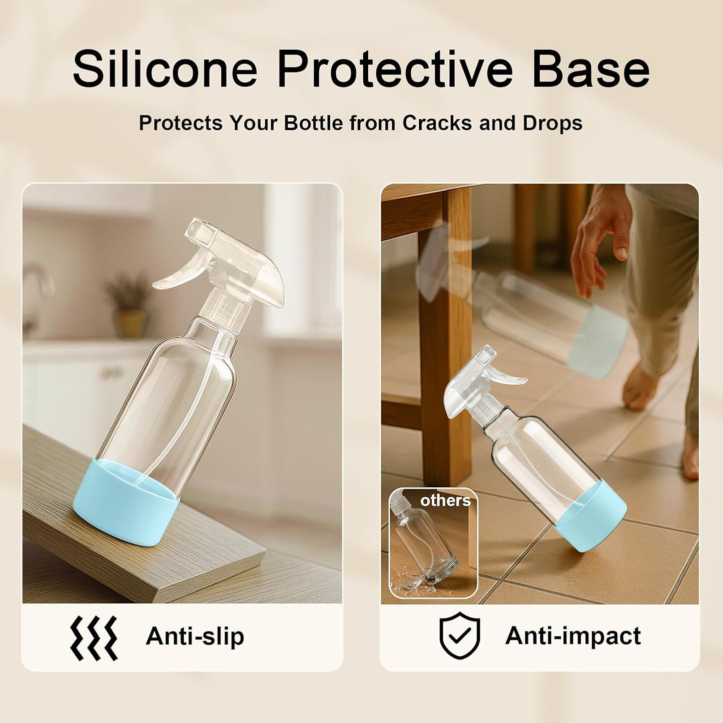 Glass Spray Bottles with Silicone Sleeve 16.9oz 2 Pack Empty Spray Bottle for Hair Mist/Stream Spraying for Cleaning Solutions, Plants, Essential Oils (clear-qblue&green)