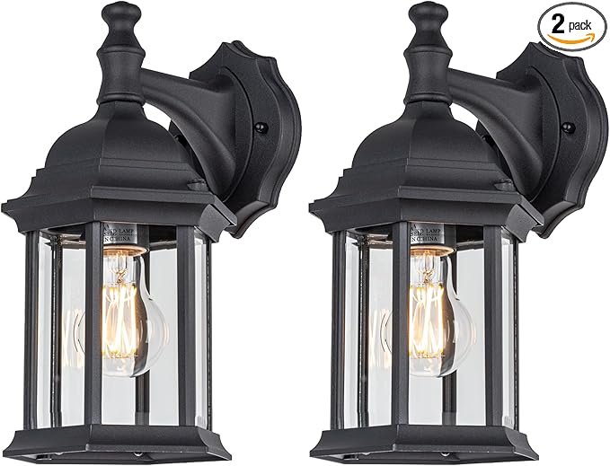 LIT-PaTH Outdoor Wall Lantern, Wall Sconce as Porch Lighting Fixture, E26 Medium Base Max 60W, Aluminum Housing Plus Glass, Matte Black Finish, 2-Pack