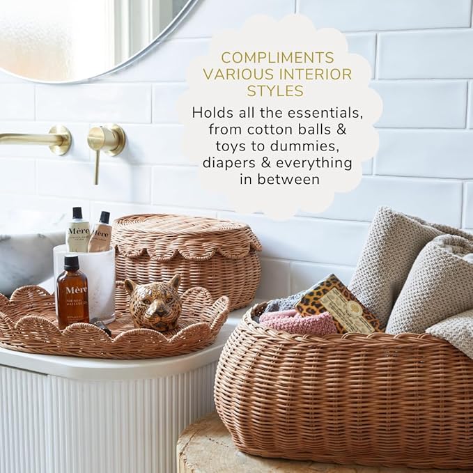 BEBE BASK The Original Scalloped Basket Set Of 2 - Small Scallop Basket - 15 x 10 x 6 In - Hand-Woven & Award-Winning - Elegant Wicker With Scalloped Edge Lid - Nursery Storage - (Mocca)