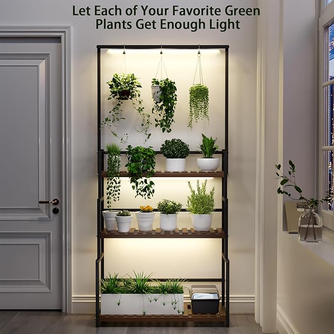 Hanging Plant Stand with Grow Light, 3 Tier Metal Plant Stand for Indoor Plants Multiple, Large Plant Shelf Display Holder, Ladder Shape Plant Rack for Living Room, Patio, Balcony