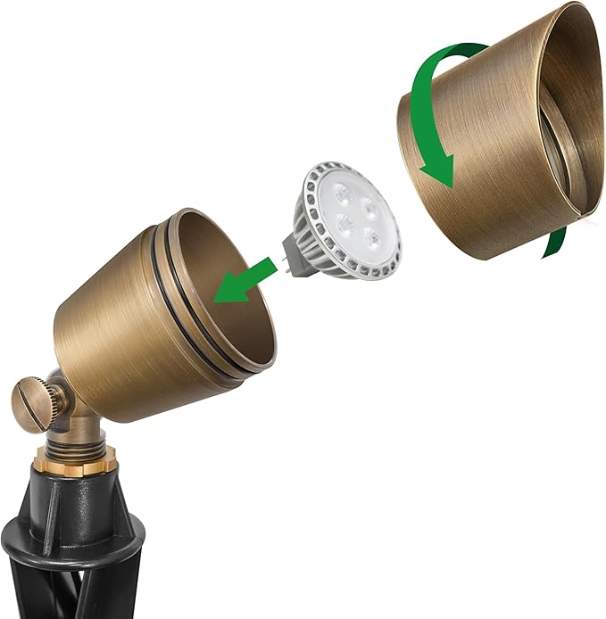 GKOLED 6 Pack Solid Brass Low Voltage Compact Spotlight, 12V AC/DC Waterproof Outdoor Landscape Spot Lights, Up Light with 5W 2700K MR16 Bulb for House Trees Garden Yard Lawn, Stake Included