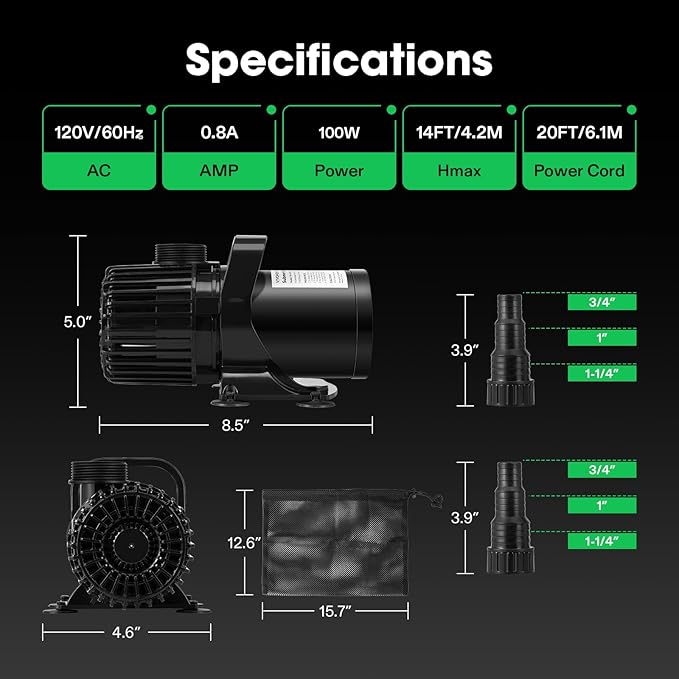 VIVOSUN 1600 GPH Submersible Water Pump with Barrier Bag, 100W Pond Pump, Ultra Quiet Aquarium Pump with 14FT. Lift Height for Pond, Waterfall, Fish Tank, Statuary, Hydroponic