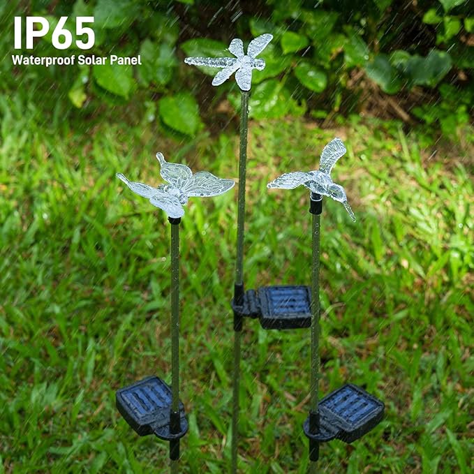 Solar Pathway Lights - 3 Pack Solar Stake Lights Outdoor, Color Changing Solar Powered Halloween Decorative Landscape Lighting Hummingbird Butterfly Dragonfly for Patio Yard Pathway Lawn Walkway