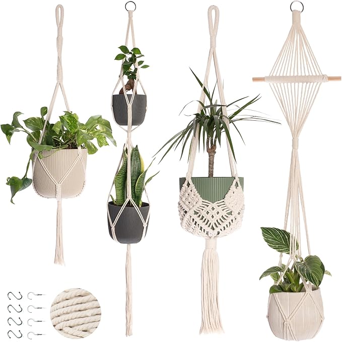Nook Theory 4-Pack Macrame Plant Hanger - with 8 Ceiling Hooks - Hanging Planter Indoor Outdoor - Hanging Plant Holder - Decorative Bohemian Plant Hangers - Hanging Plants (Cream)
