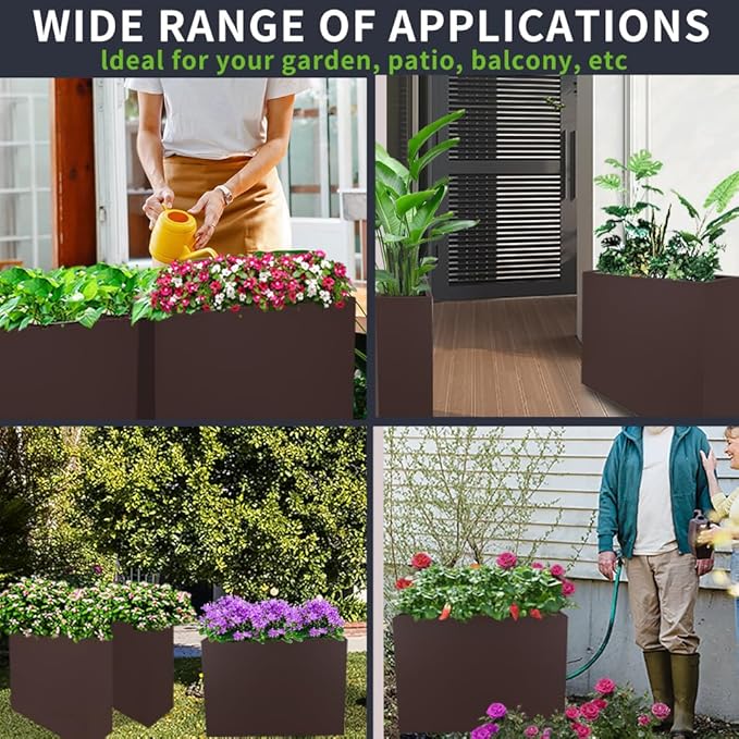 Metal Tall Long Planter Box Large Rectangular Planter Flower Pot with Drainage Holes for Indoor Outdoor Deck Porch Garden Home Patio Front Door (Espresso, M)