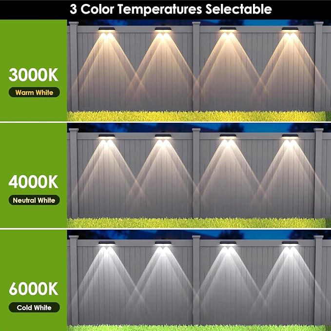 Solar Fence Lights Outdoor - 2700/4000/6000K 3 Mode, IP65 Waterproof Fence Solar Lights Outdoor, Fence Light Solar Powered for Outside, Backyard/Railing/Step/Patio/Stair Railings and Wall (8 pack)