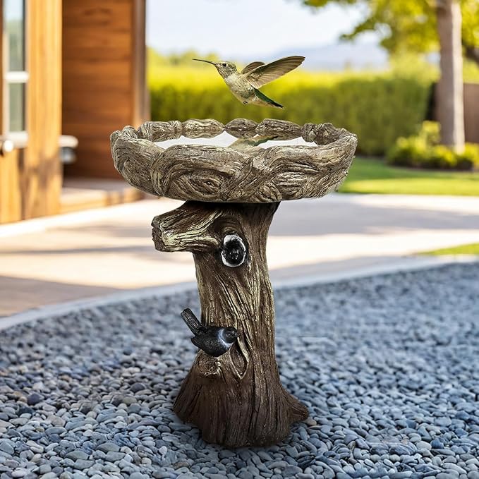 SunJet 23 Inch High Wood-Look Concrete Bird Bath with Decorative Faux Bird – Birdbath Rustic & Long-Lasting Design, Enhances Garden, Patio, Yard, Lawn Decor