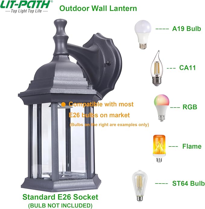 LIT-PaTH Outdoor Wall Lantern, Wall Sconce as Porch Lighting Fixture, E26 Medium Base Max 60W, Aluminum Housing Plus Glass, Matte Black Finish, 2-Pack