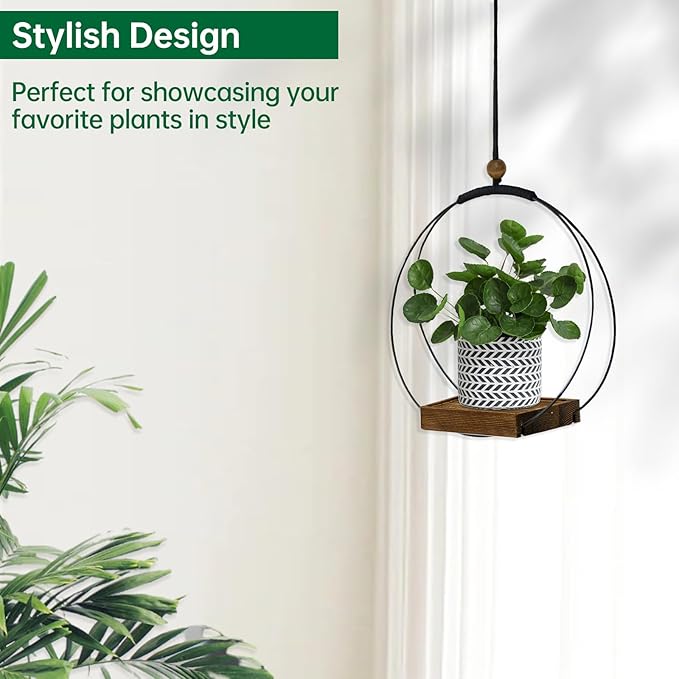 Hanging Planters for Indoor Plants, Black Plant Hanger Indoor with Sturdy Wood Base, Modern Boho Macrame Plant Hanger, Hanging Wall Ceiling Window Home Decor (Plants/Pots Not Included)
