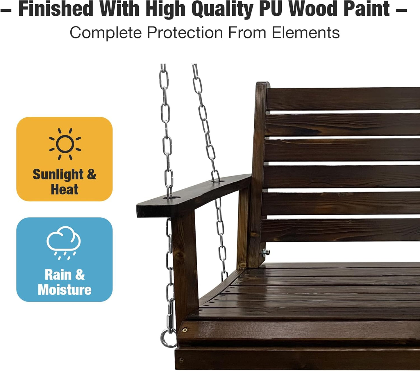 Wooden Porch Swing, Ergonomic Seat, Bench Swing with Hanging Chains and 7mm Springs, Heavy Duty 880 LBS, for Outdoor Patio Garden Yard (Dark Brown, 2-Seater)